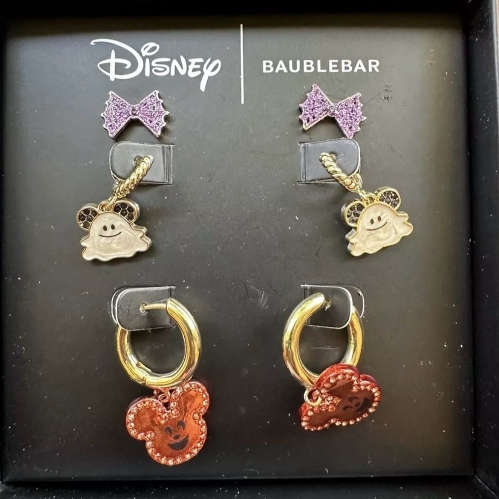 Disney Baublebar 3 Pair
Halloween Earrings Mickey
Pumpkin Ghost and Web Bow
New